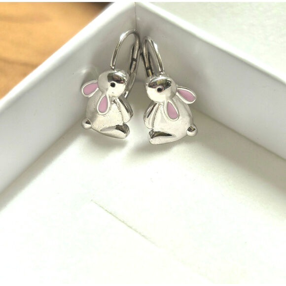 Sterling Silver 925 Easter Bunny Leverback Earrings Pink Enamel Ears Rabbit - Picture 8 of 11